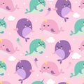 Seamless pattern with unicorn fish. stars and fishes. Cute narwhals and clouds. Vector illustration.