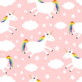 Seamless Pattern. Unicorn jumping. Cloud star in the sky. Cute cartoon kawaii funny smiling baby character. Wrapping paper,