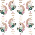 Seamless pattern with Unicorn with long hair with flower