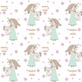 Seamless pattern with Unicorn with long hair with flower