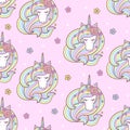 Seamless pattern with a unicorn with a long mane on a pink background. Vector