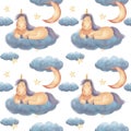 Seamless pattern with unicorn, moon,clouds and stars.