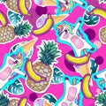 Summer seamless pattern with unicorn and pineapple. Zine Culture style summer cut out background