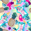 Summer seamless pattern with unicorn and pineapple. Zine Culture style summer cut out background