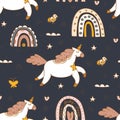 Seamless pattern unicorn, rainbow, bird and boho elements, funny unicorn clipart for kids, cute magic horse animals, nursery room