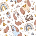 Seamless pattern unicorn, rainbow and boho elements, funny unicorn clipart for kids, cute magic horse animals, nursery room decor