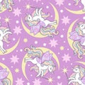 Seamless pattern with unicorns and crescent. Vector