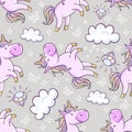 Seamless pattern with unicorns, donut rainbow, confetti, diamond and other elements. Vector background with labels, pins Royalty Free Stock Photo