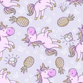 Seamless pattern with unicorns, donut rainbow, confetti, diamond and other elements. Vector background with labels, pins Royalty Free Stock Photo