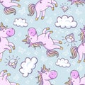 Seamless pattern with unicorns, donut rainbow, confetti, diamond and other elements. Vector background with labels, pins Royalty Free Stock Photo