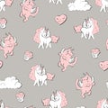 Seamless pattern with unicorns, donuts rainbow, confetti and other elements.