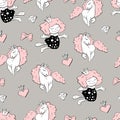 Seamless pattern with unicorns, donuts rainbow, confetti and other elements.