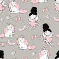 Seamless pattern with unicorns, donuts rainbow, confetti and other elements.