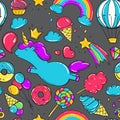 Seamless pattern with unicorns, donuts rainbow, icecream and other elements. Gray background