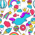 Seamless pattern with unicorns, donuts rainbow, icecream and other elements.