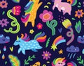 Seamless pattern with unicorns, flowers and clouds. Vector illustration Royalty Free Stock Photo