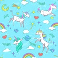 Seamless pattern with unicorns and magic elements