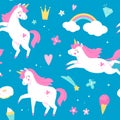 Seamless pattern unicorns. Magical horses, rainbow and ice cream on blue background, baby design with fabulous animals