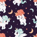 Seamless pattern with unicorns, moon, stars. Vector tile