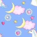 Seamless pattern with unicorns and stars. Baby background