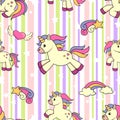 Seamless pattern with unicorns, stars, heart and rainbow