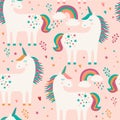 Seamless pattern with unicorns, stars, rainbows and hearts on pink background. Vector illustration.