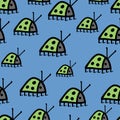 Seamless pattern unusual green bugs ladybug