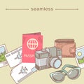 Seamless Pattern Vacation Theme, Doodle Composition with Hand Drawn Photo Camera, Sunglasses, Passport and Tickets Royalty Free Stock Photo