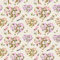 Seamless pattern for Valentine day - floral hearts with apple flowers, cherry blossom, feathers. Watercolor Royalty Free Stock Photo