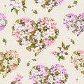 Seamless pattern for Valentine day. Floral hearts with apple flowers, cherry blossom. Watercolor Royalty Free Stock Photo