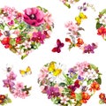 Seamless pattern for Valentine day - floral hearts with flowers, meadow butterflies, wild grass. Watercolor