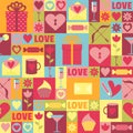 Seamless pattern with gifts, hearts, flowers for Valentine`s Day.