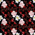 Seamless pattern for Valentine's Day with chocolate pink hearts, wine glasses, greetings and flowers on a black