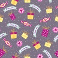 Seamless Pattern for Valentine s day with cute candies with heart and gift boxes