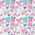 Seamless pattern for Valentine`s Day in doodle style. Multicolored hearts, birds, flowers and envelopes on a white Royalty Free Stock Photo