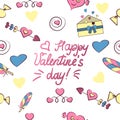 Seamless pattern of Valentine s day elements isolated on white background. illustration. Heart, letter, arrow, candy, feather, Royalty Free Stock Photo