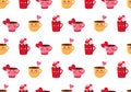 Seamless pattern for Valentine`s day. Funny yellow, red and pink mug of hot chocolate, coffee or cocoa with a pink heart. Kawaii Royalty Free Stock Photo