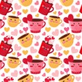 Seamless pattern for Valentine s day. Funny yellow, red and pink mug of hot chocolate, coffee or cocoa with a pink heart. Kawaii Royalty Free Stock Photo