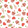 Seamless pattern for valentine\'s day with heart, muffin, lollipop, and candy.