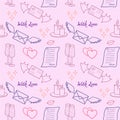Seamless pattern for Valentine`s Day `With Love.` Pink background with contour pictures of glasses, lips, envelopes, love letters, Royalty Free Stock Photo