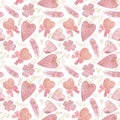 Seamless pattern for Valentine`s day with pink and gold elements, hearts, lollipops, feathers on a white background. Royalty Free Stock Photo