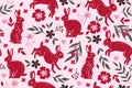 Seamless pattern for valentine\'s day with rabbits and flowers. Vector graphics Royalty Free Stock Photo