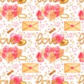 Seamless pattern Valentine& x27;s Day, wedding. Pink Gold. Gift with a pink bow. Envelope with a heart. Hand-drawn