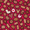 Seamless pattern of Valentines Day candy. Fancy chocolate bonbons with love you message.
