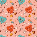 Seamless pattern for Valentines Day. Characters in old retro cartoon style. Dancing funky-groovy cute hearts with