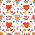 Seamless pattern for Valentines Day. Characters in old retro cartoon style. Dancing funky-groovy cute lollipops and