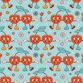 Seamless pattern for Valentines Day. Characters in old retro cartoon style. Dancing funky-groovy cute lovers cherries