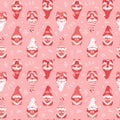Seamless pattern with Valentines Day cute cartoon gnomes holding hearts and letters LOVE. Pink dwarfs characters and