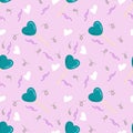 Seamless pattern for Valentines Day with lollipops, delicious candies and squiggles in the form of cartoon hearts. Vector