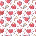 Seamless pattern with valentines day and love objects in doodle style on white background Royalty Free Stock Photo